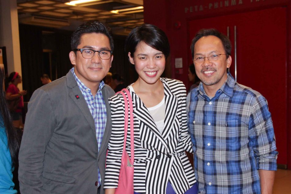 From left: KATY Producer Robert Seña, Aicelle Santos (Young Katy) with Noel Cabangon. KATY the musical will have a run in MERALCO Theater this May. Photo by Jude Bautista