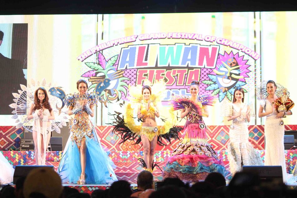 from right: Reyna ng Aliwan 2014 winner No.6 Steffi Rose Aberasturi – Sinulog Festival, Cebu City, 1st R. Up No.13 Shaira Lenn Roberto – Singkaban Festival,  No. 5 Ivy Capili – Boling Boling Festival, Catanauan, Quezon, 2nd R. Up No.14 Hazel Mae Trasmonte – Sinulog De Kabankalan, Negros Occidental, No. 4 Lovely Gemma Abdul - Tuna Festival, General Santos City and No. 15 Ma. Ahriana Lovely Hubayan – Paraw Regatta, Iloilo City. Reyna Ng Aliwan pageant was held last April 26, 2014 at the Aliwan Theater grounds, CCP Complex. Photo by Jude Bautista