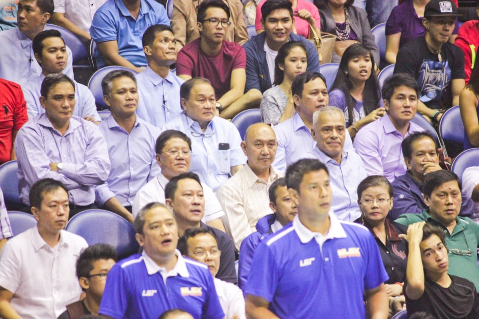 MVP & CEOs intently watch the NLEX Road Warrior’s PBA debut. Foreground: Coach Boyet Fernandez (left) & Asst Coach Jojo Lastimosa (right). Catch PBA games live in SMART ARANETA Coliseum. If not you can watch the PBA’s 40th season live airing on TV5 five times a week on TUES, WED and FRI, with the first game at 4:15 p.m. and the second game at 7 p.m.; on SAT at 5 p.m.; and SUN at 3 p.m. and 5 p.m. Photo by Jude Bautista